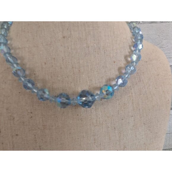 Vintage Blue Crystal Bead Necklace Graduated Faceted Beads Sterling Hook Clasp - Picture 2 of 5